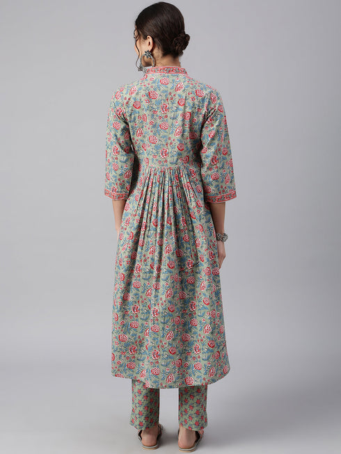 Sea Green Cotton Floral Print Kurta with Pant